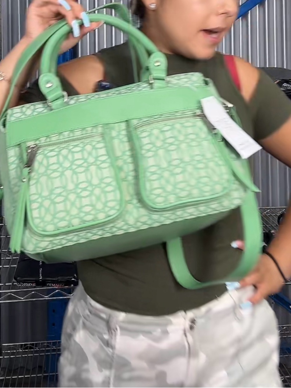 Time and Tru Green Patterned Satchel